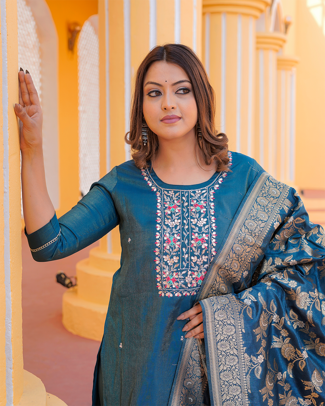 Pure Silk Peacock Blue Suit with Heavy Gotta Patti Work and Banarasi Dupatta