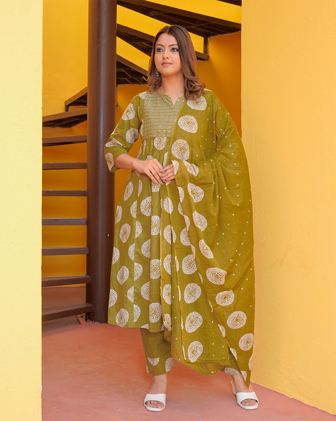 Pure cotton green batik print kurta pant set with cotton digital print dupatta set