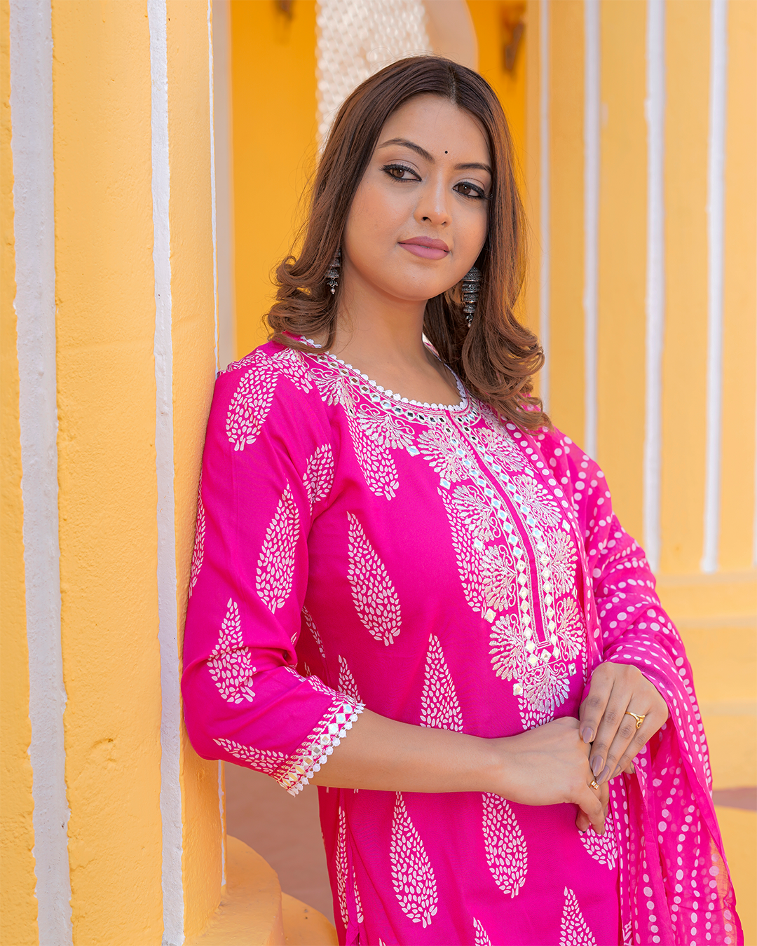 Pure Cotton Pink Suit in Bangru Print with Thread and Mirror Work