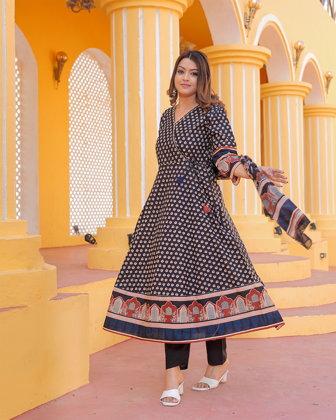 Pure Cotton Black Angrakha Frock Suit with Ajrakh Print