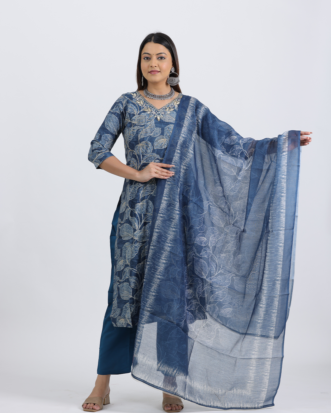 Pure Muslin Silk Royal Blue Suit with Digital Print Dupatta and Sequence Work