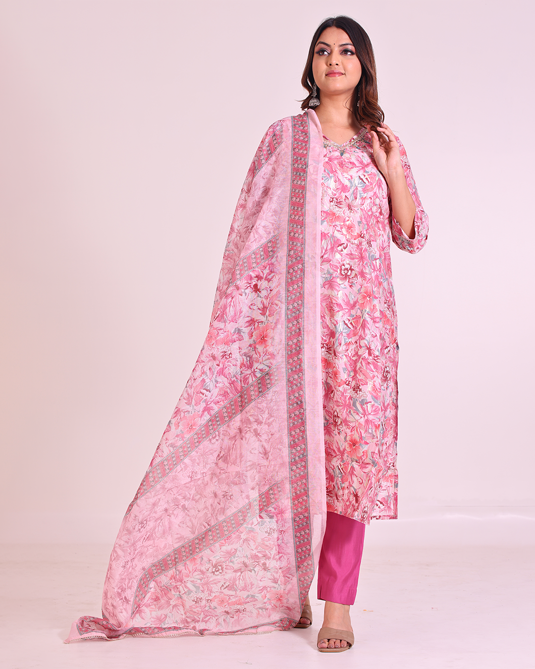 Pure Muslin Silk Baby Pink Digital Dupatta Set with Sequence Work