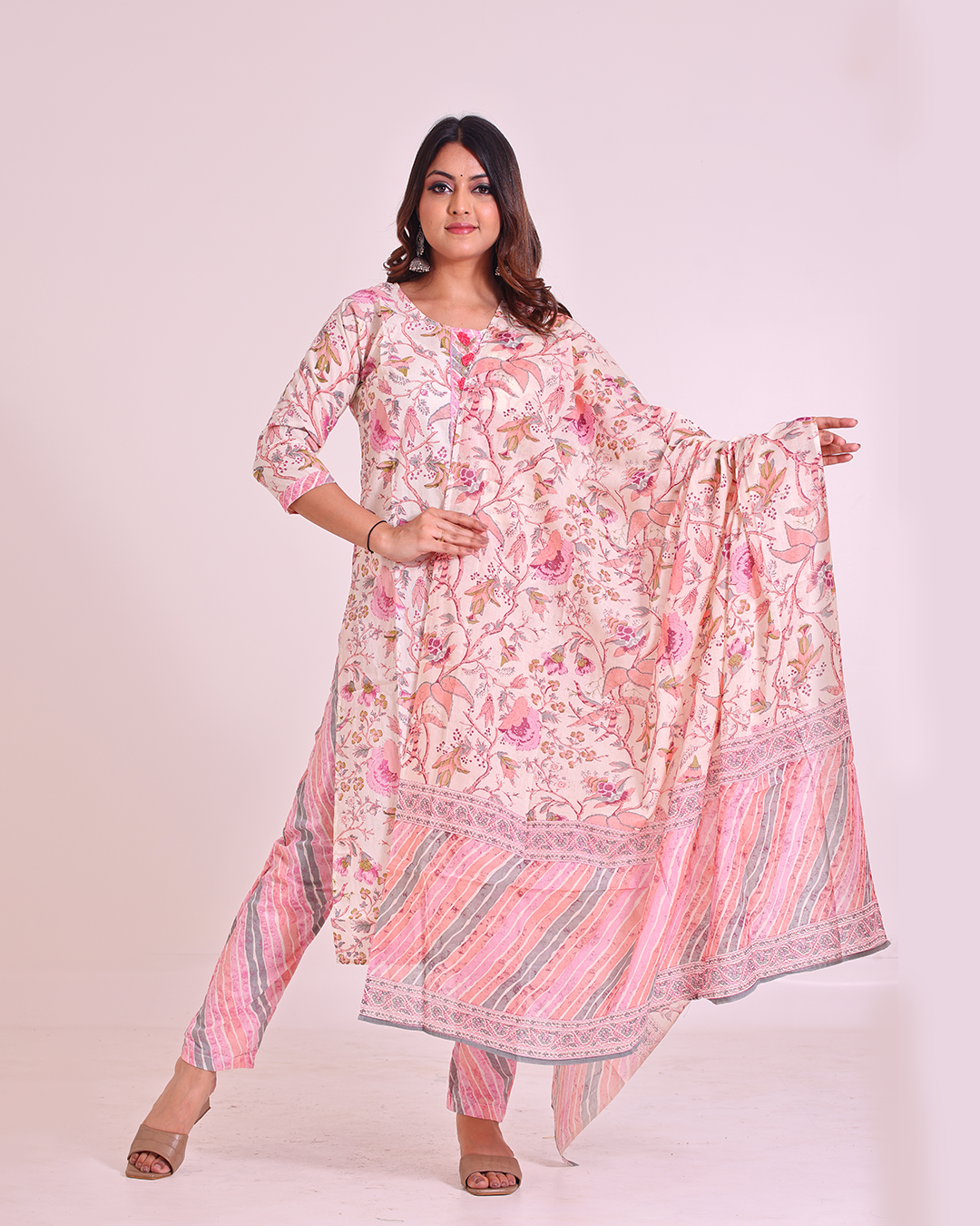 Pure Cotton Off-White and Baby Pink Digital Print Dupatta Set