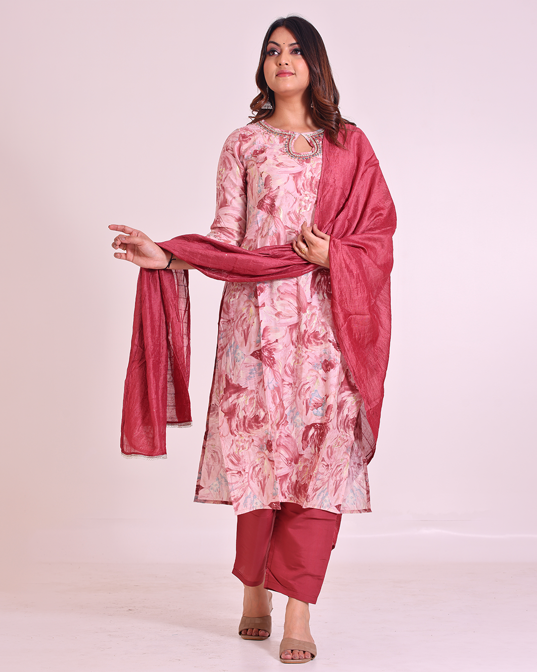 Peach and Maroon Pure Muslin Silk Suit with Silk Dupatta and Stylish Handworked Neck