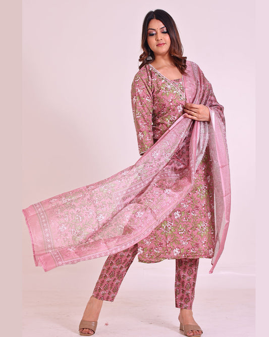 Pure Cotton Onion Pink Digital Print Dupatta Set
