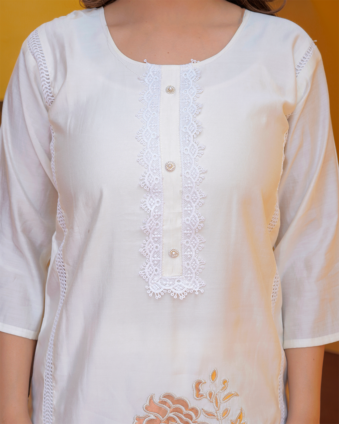 Pure Silk White Suit with Net Dupatta and Gold Leather Work
