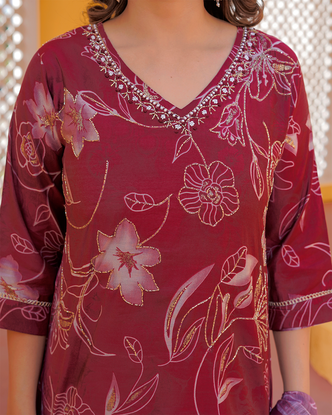 Pure Muslin Silk Maroon Suit with Digital Print Dupatta and Pearl & Sequence Work