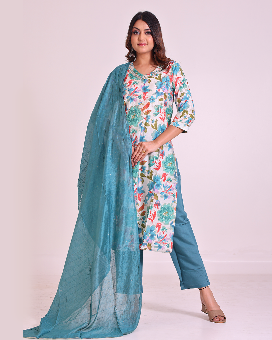 Pure Muslin White-Based Colorful Mulmul Dupatta Set with Sequence Work