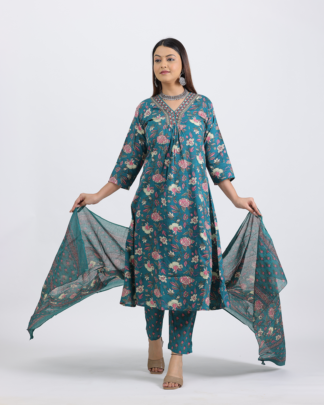 Pure Cotton Firoza Color Digital Print Dupatta Set with Laced Neck