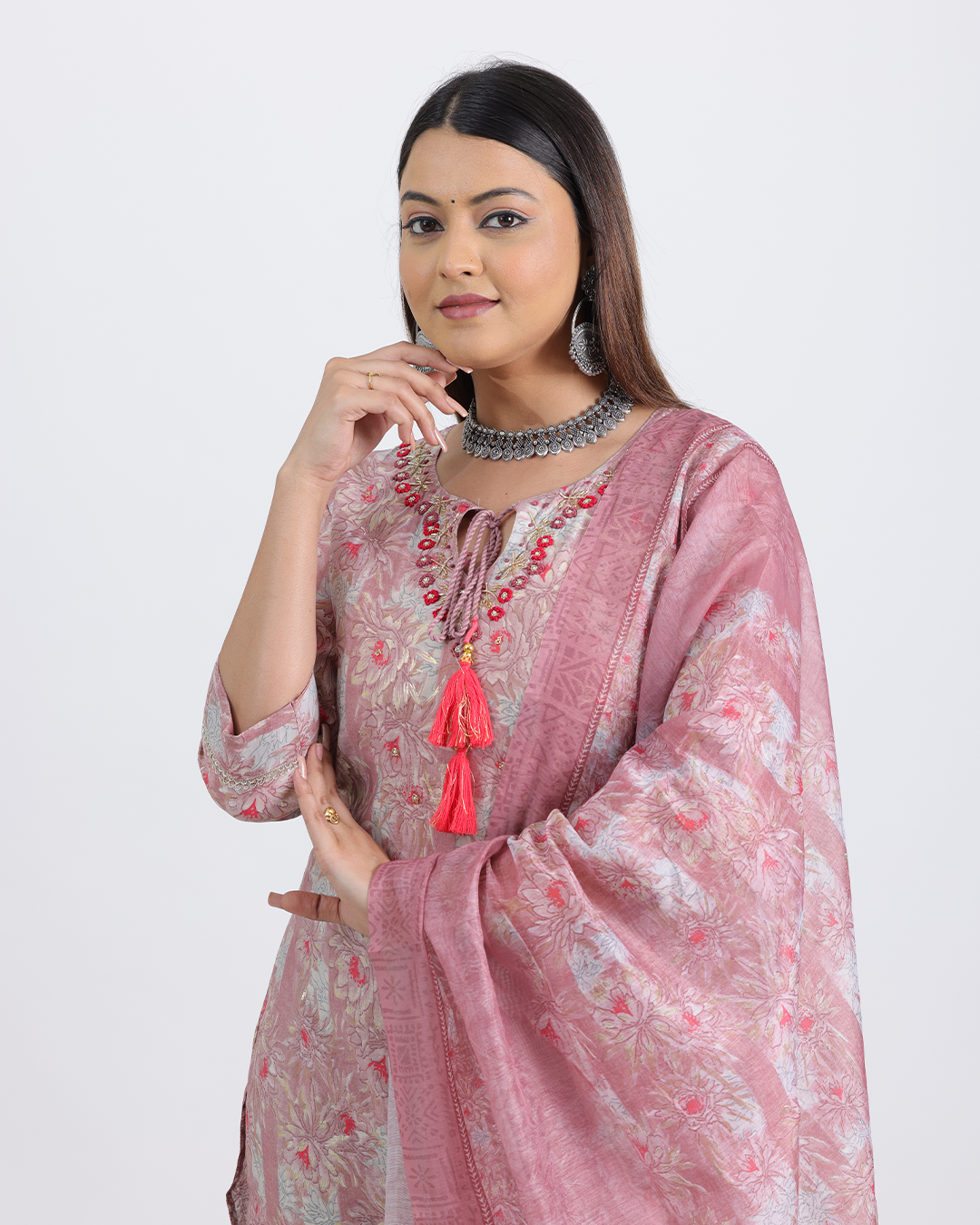 Pure Muslin Silk Onion Pink Suit Set with Digital Print Dupatta and Heavy Neck with Tassels