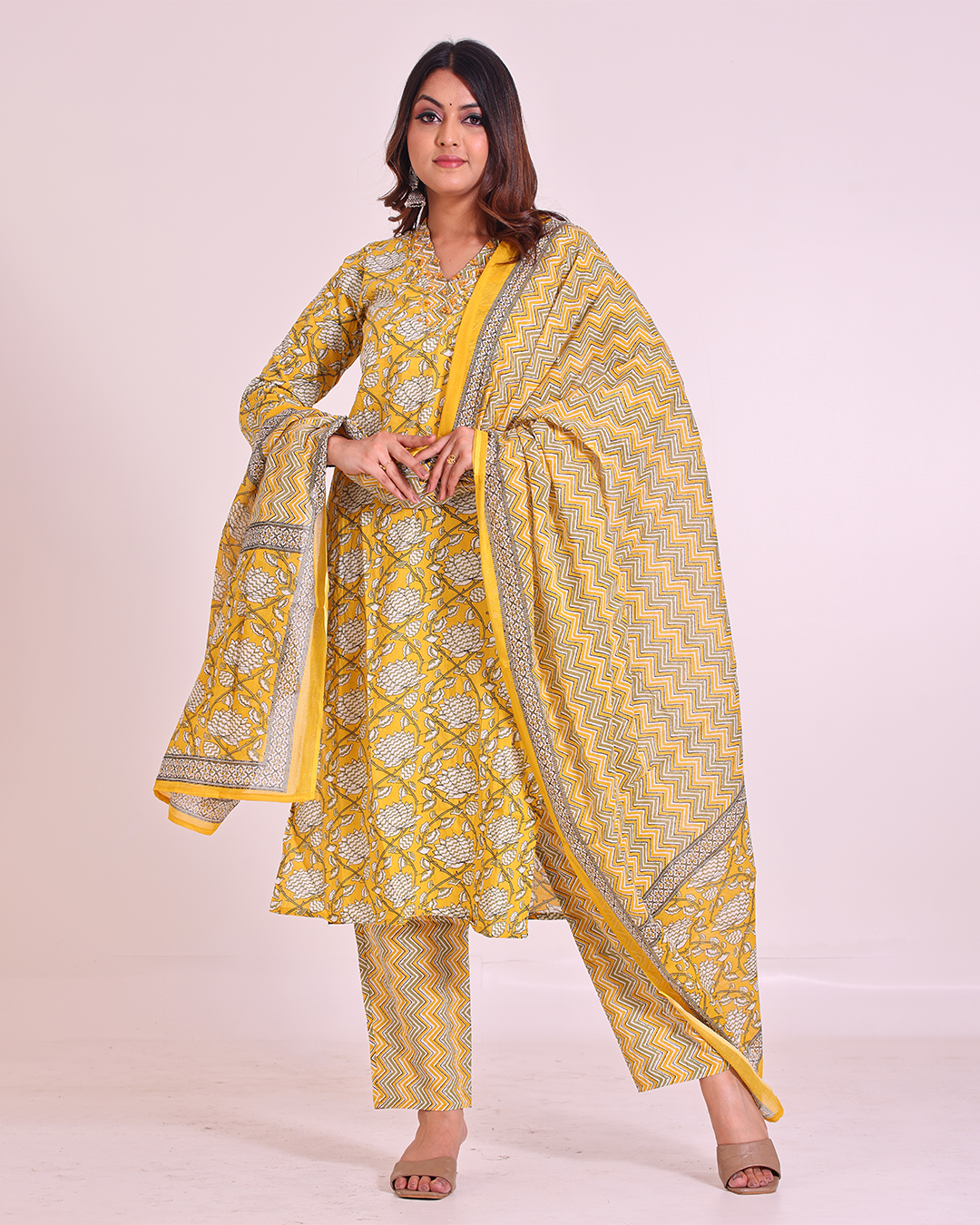 Pure Cotton Yellow V-Neck Digital Print Dupatta Set
