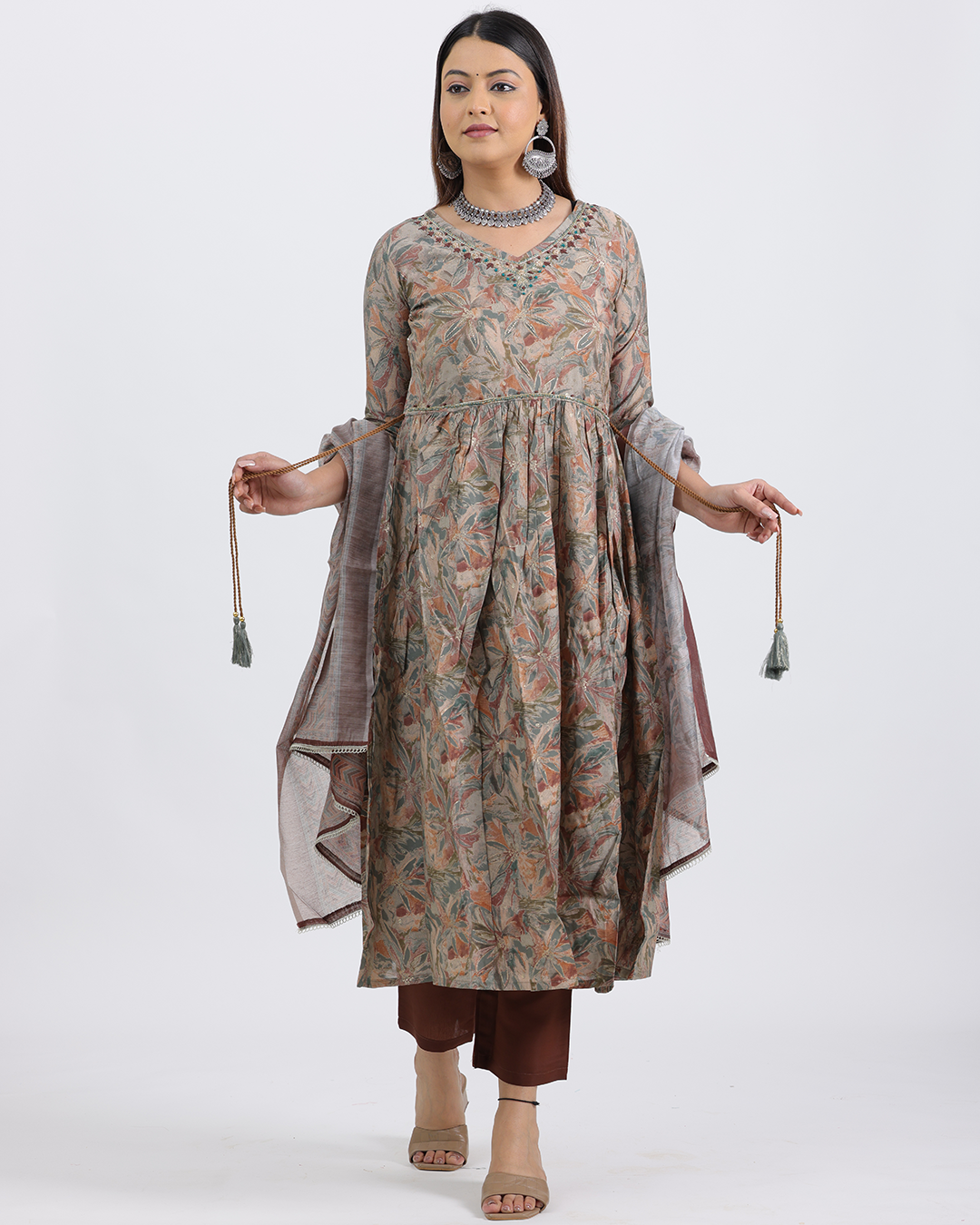 Pure Muslin Silk Brown Frock Suit with Digital Print Dupatta and Sequence Work