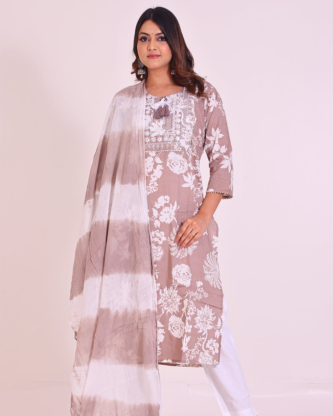 Elegant cotton mulmul suit in brown and off white