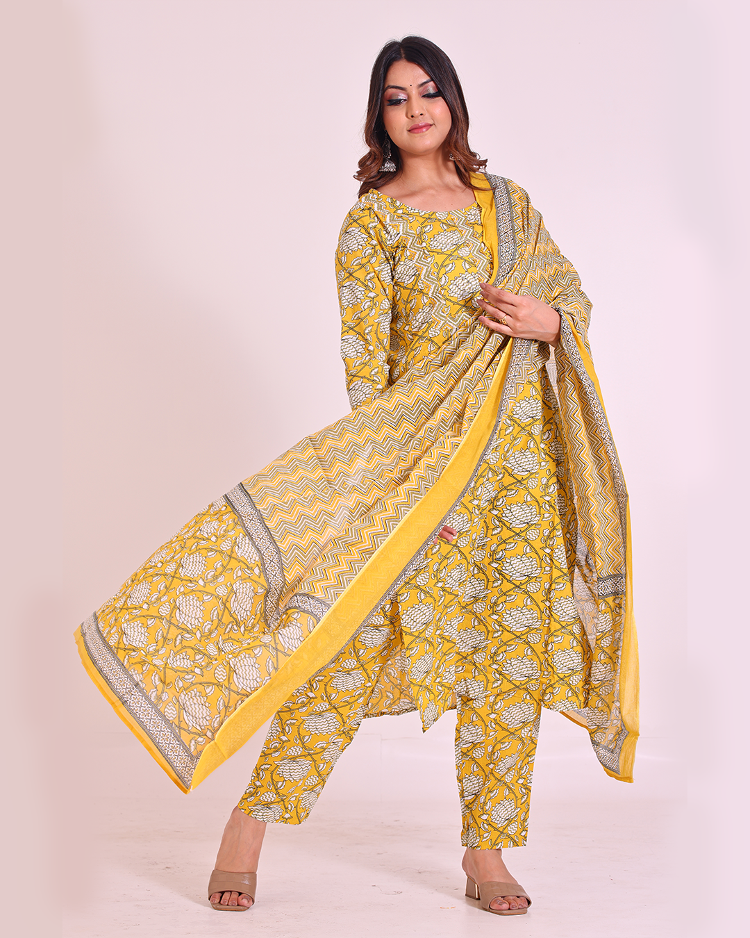 Pure Cotton Round Neck Yellow Digital Print Dupatta Set