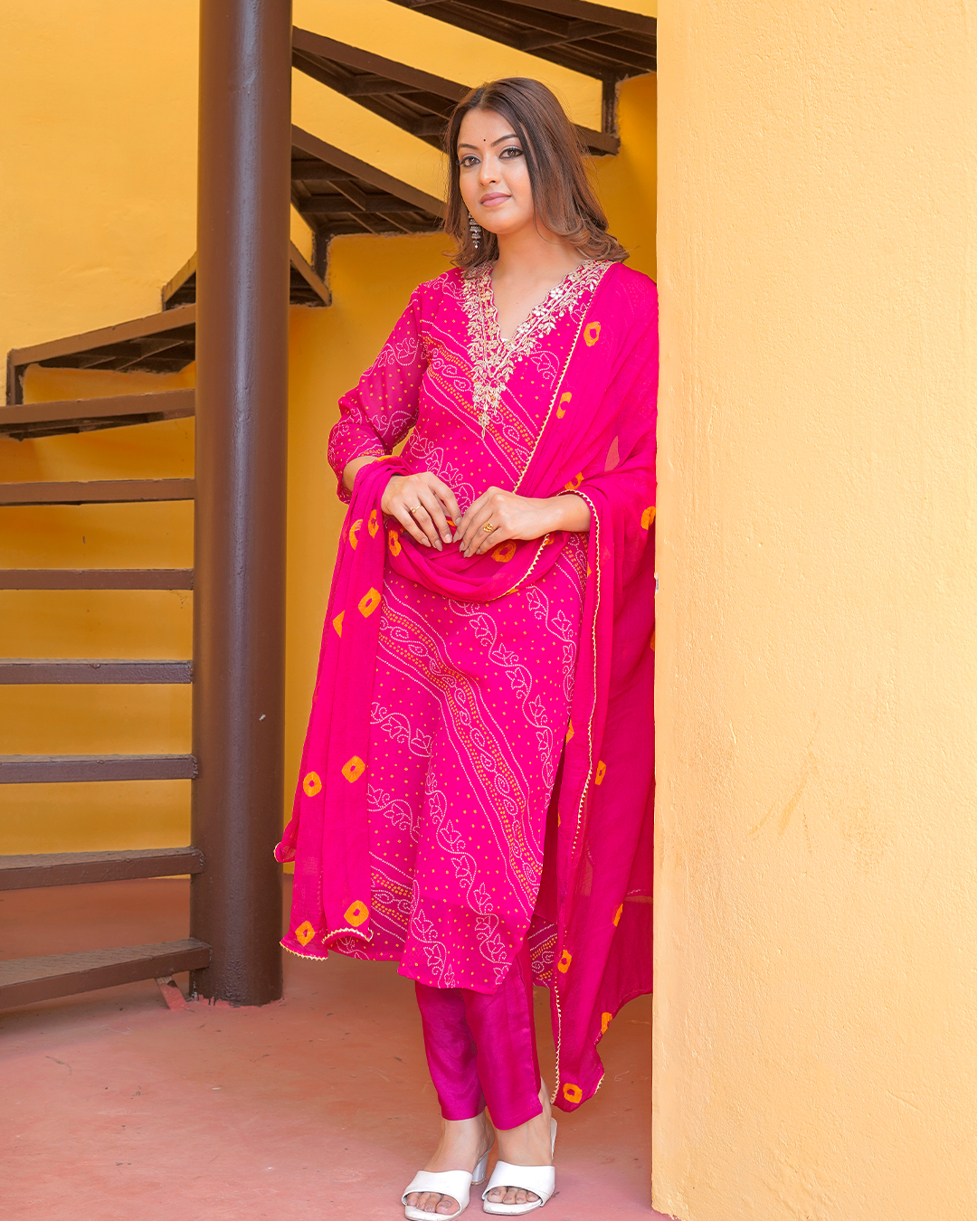 Pure Chiffon Pink Bandhej Suit with Bandhani Dupatta and Pant Set in Pure Gotta Patti Work