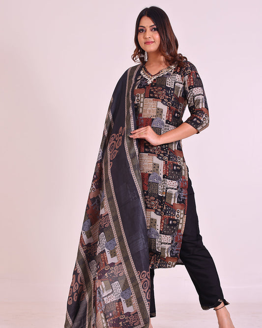 Black Pure Muslin Suit with Digital Print Dupatta and Mirror Work