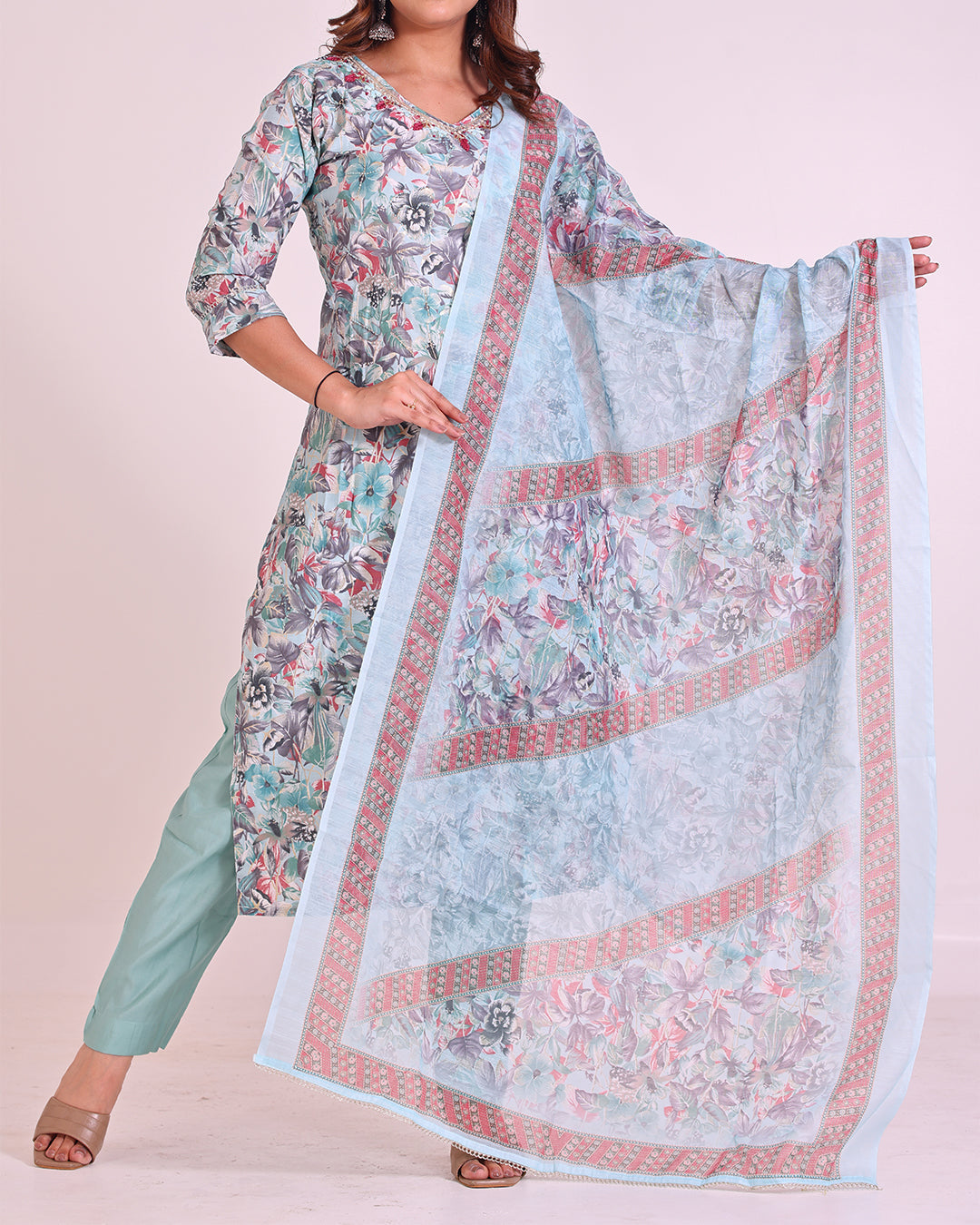 Pure Muslin Silk Suit with Digital Print Dupatta, Sequence, and Zardozi Work in Turquoise Blue