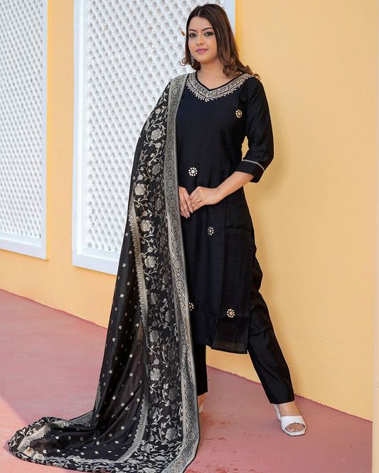 Pure Silk Black Suit with Heavy Banarasi Silk Dupatta and Paithani Work