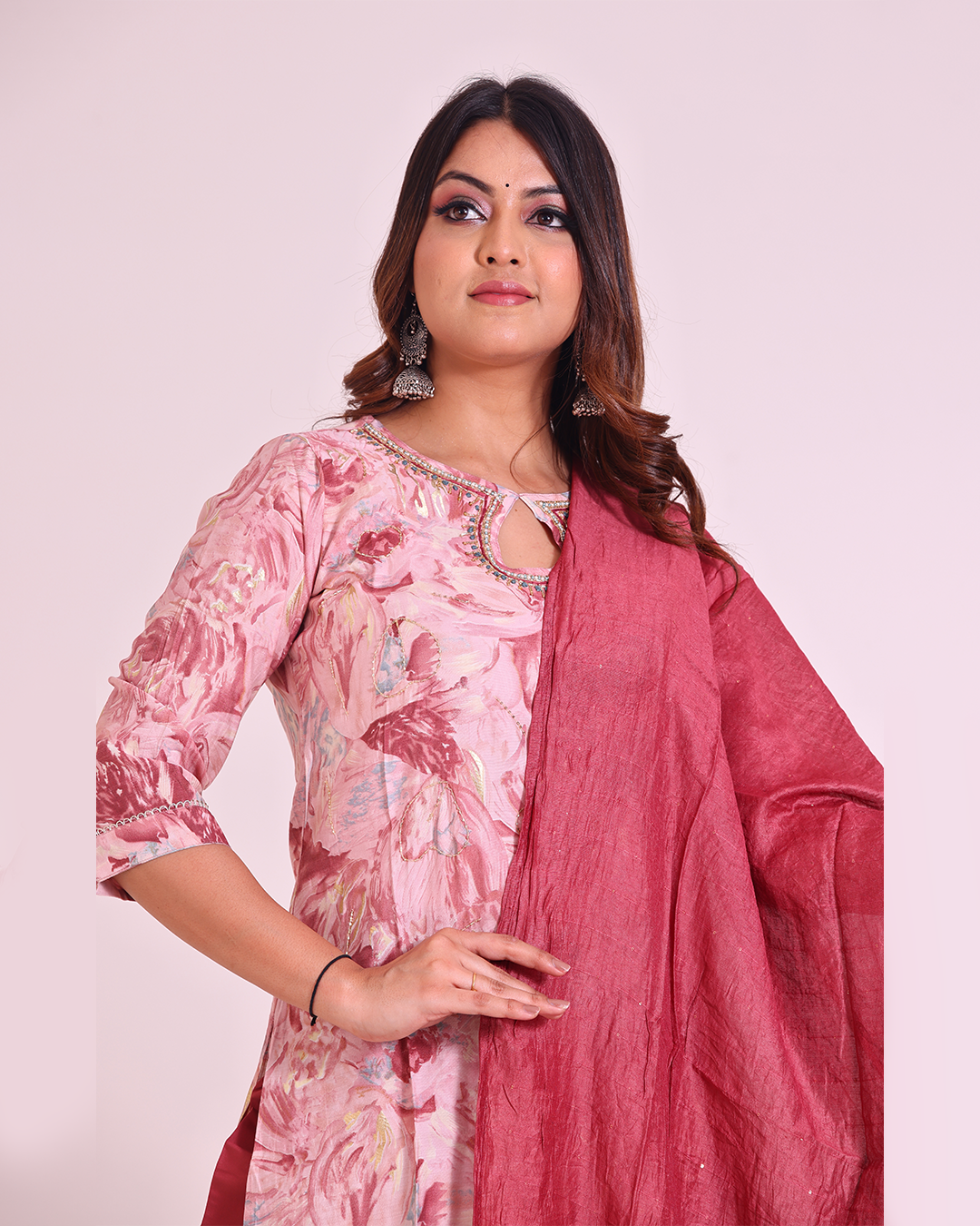 Peach and Maroon Pure Muslin Silk Suit with Silk Dupatta and Stylish Handworked Neck