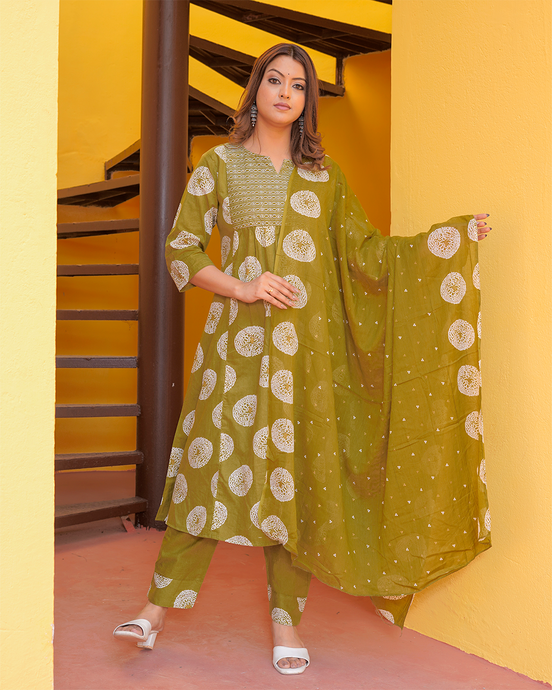 Pure cotton green batik print kurta pant set with cotton digital print dupatta set