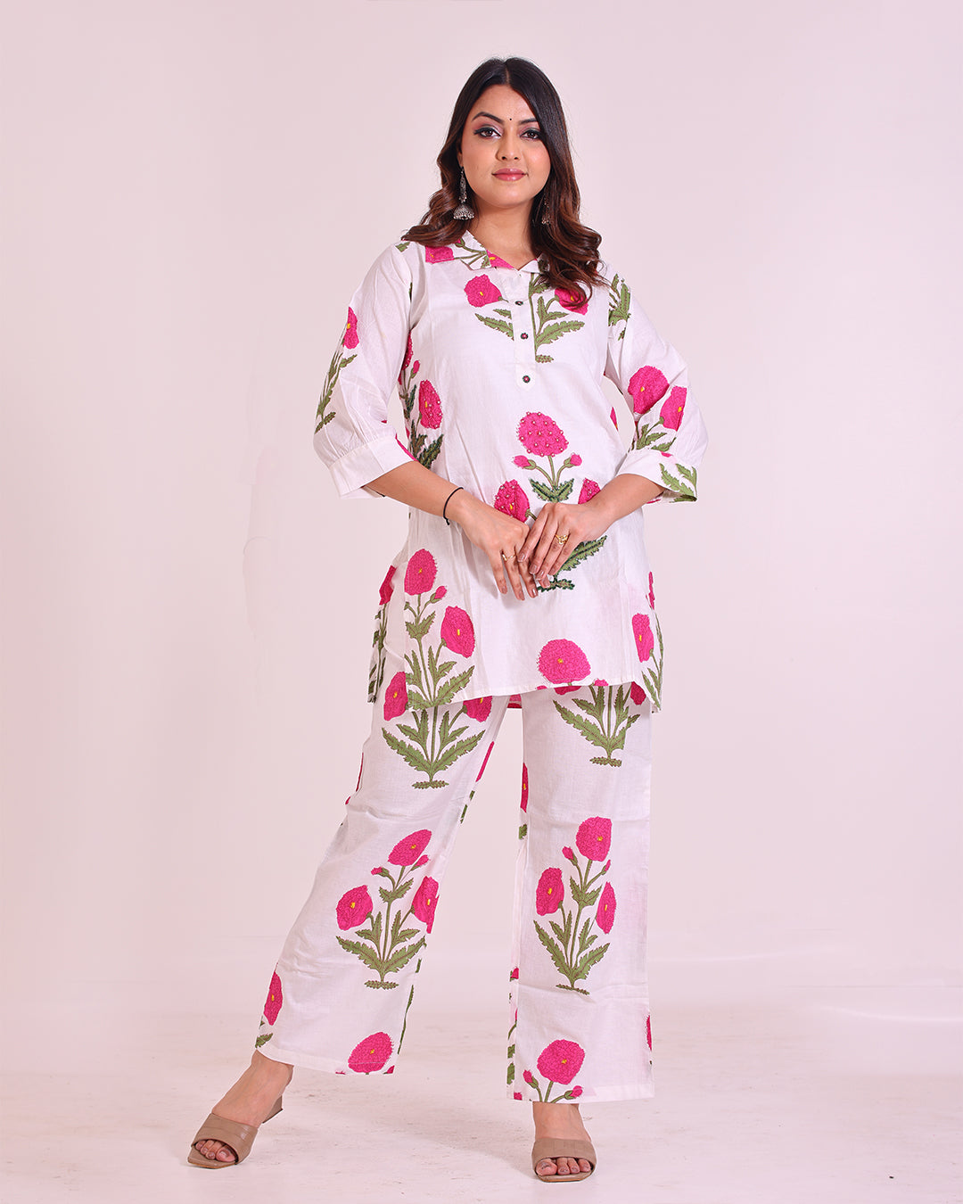 Pure Cotton White Coord Set with Pink Flower and Pearl Work