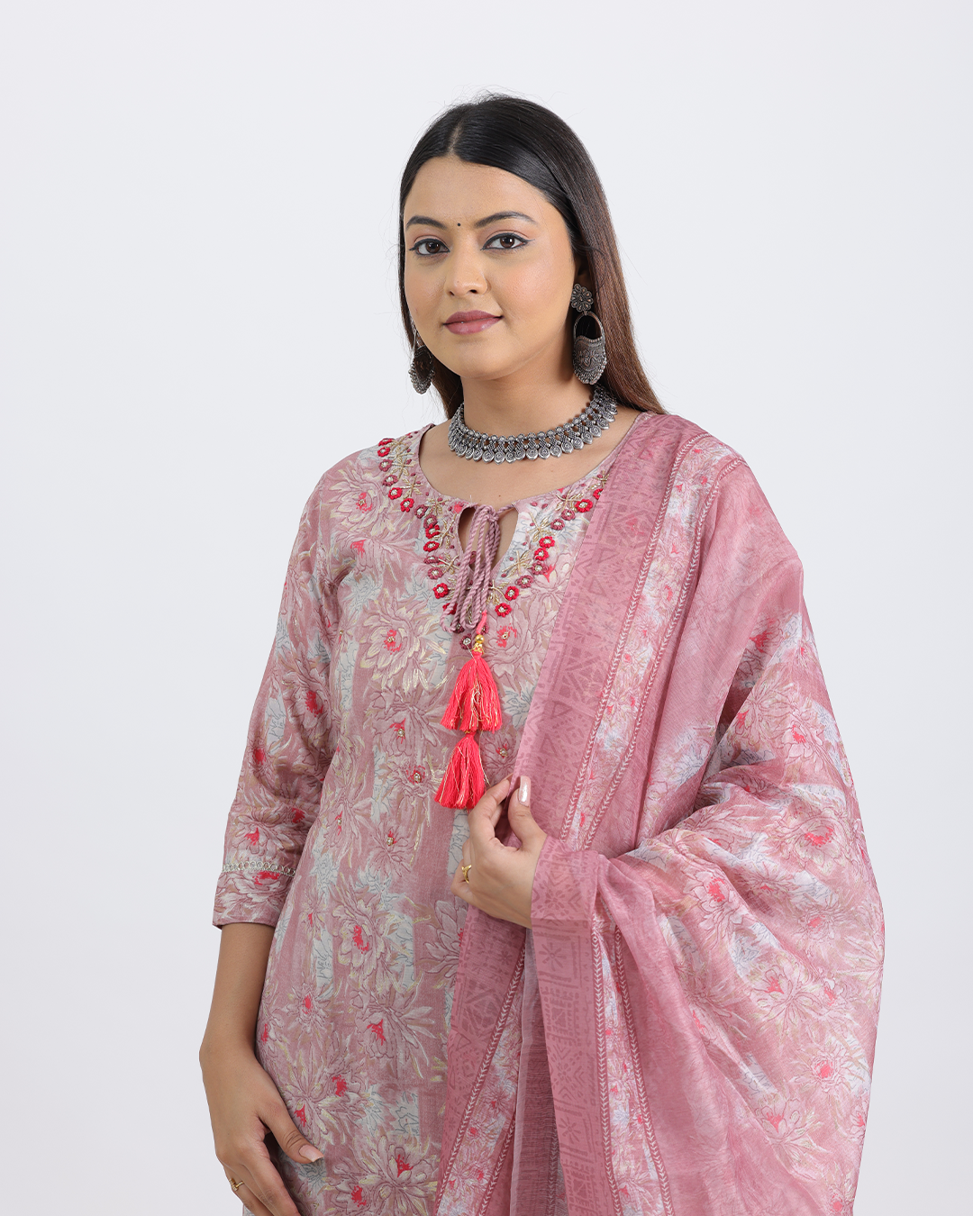 Pure Muslin Silk Onion Pink Suit Set with Digital Print Dupatta and Heavy Neck with Tassels