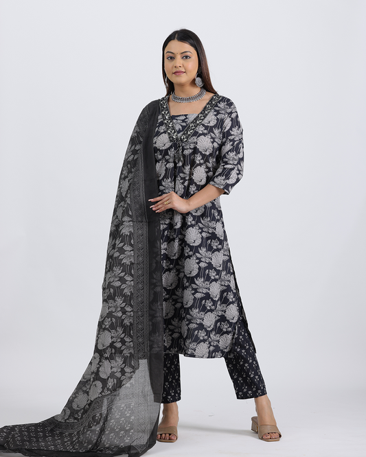 Pure Cotton Black Suit with Digital Print Dupatta and V-Laced Neckline