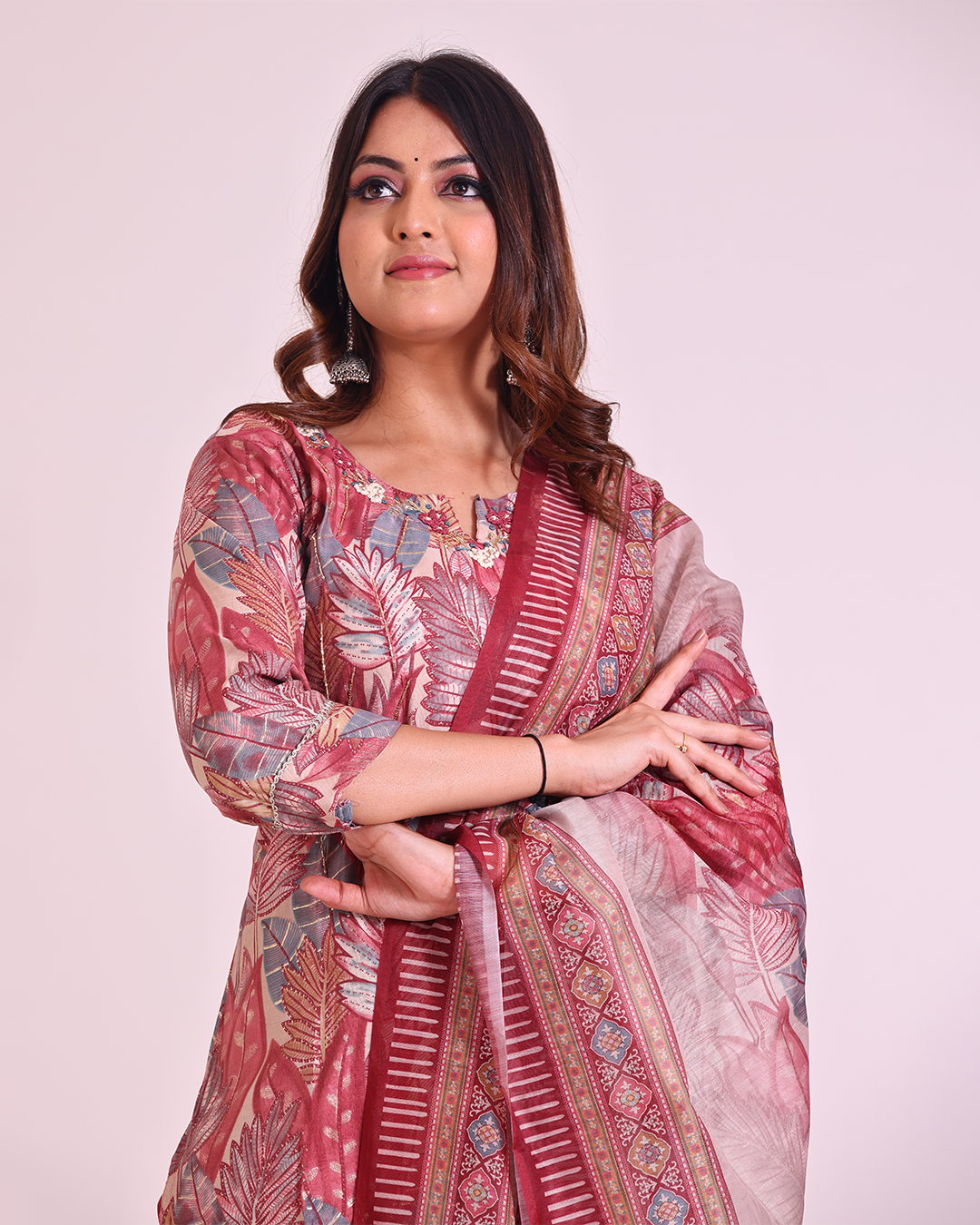 Pure Muslin Silk Onion Pink Digital Print Kurta Pant Set with Sequence Work