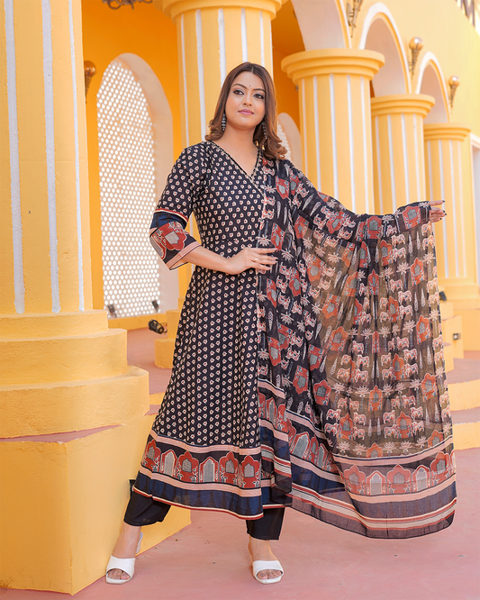 Pure Cotton Black Angrakha Frock Suit with Ajrakh Print