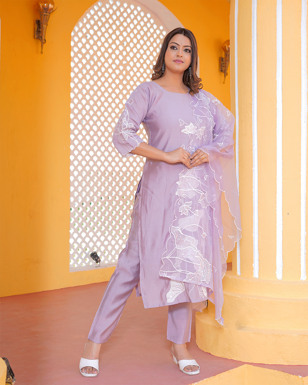 Pure Silk Lavender Suit with Organza Cutwork Dupatta and Heavy Work