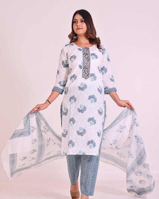Elegant Blue and White Cotton Suit with Intricate Detailing
