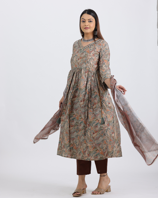 Pure Muslin Silk Brown Frock Suit with Digital Print Dupatta and Sequence Work