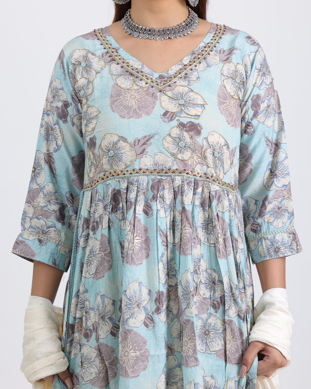 Pure Muslin Silk Off White and Sky Blue Frock Suit with Digital Print Dupatta and Sequence Work