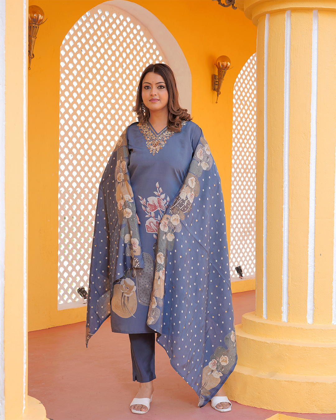 Pure Silk Baby Blue Suit with Silk Digital Print Dupatta and Heavy Work