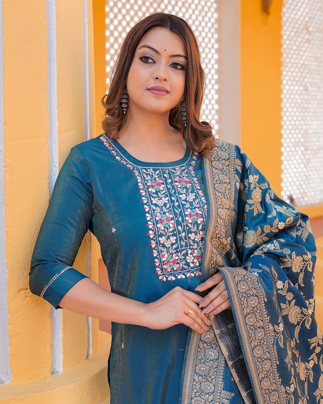 Pure Silk Peacock Blue Suit with Heavy Gotta Patti Work and Banarasi Dupatta