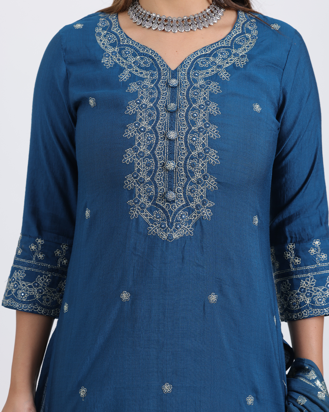 Pure Silk Royal Blue Suit with Chanderi Dupatta and Heavy Thread Work