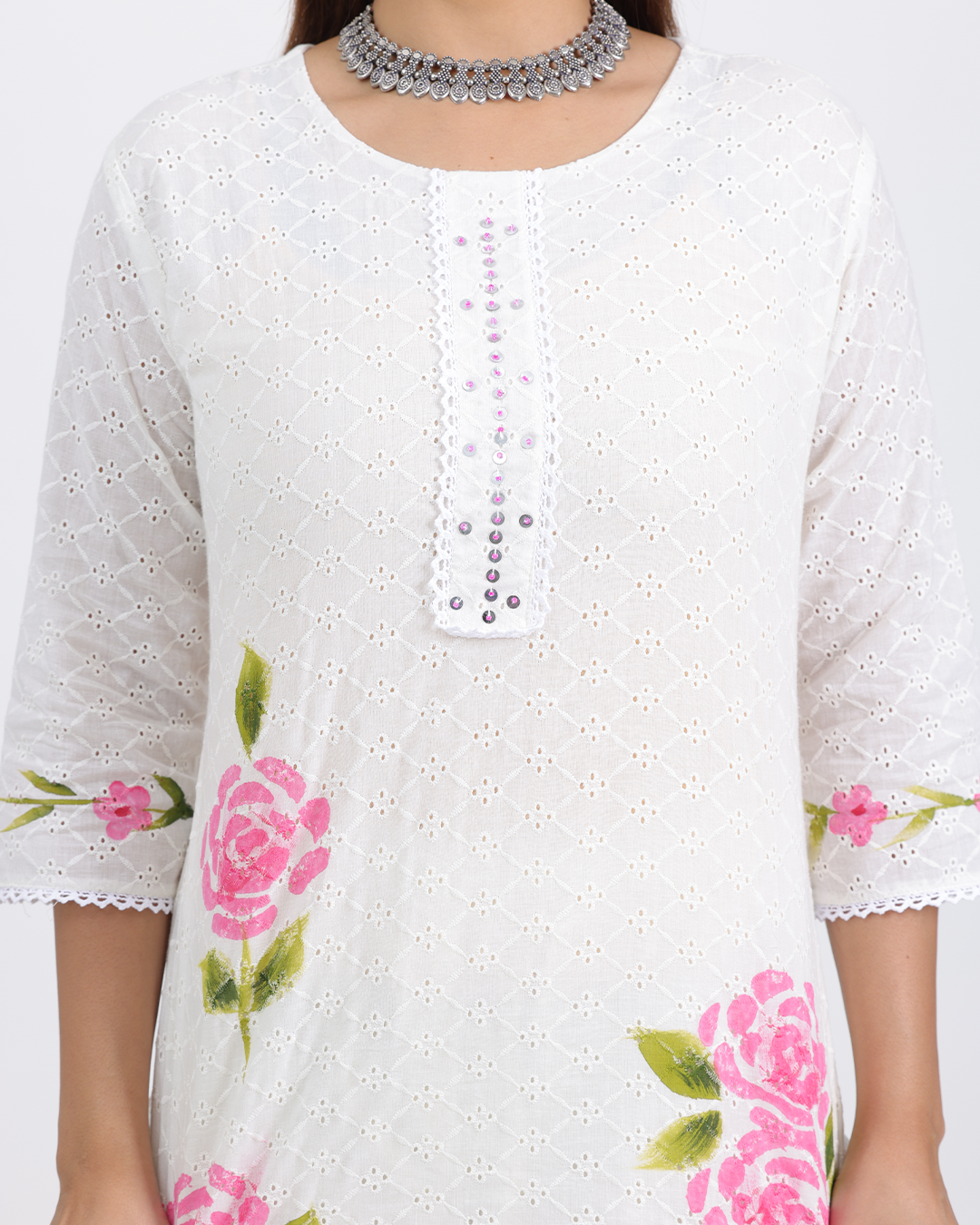 Pure Cotton White Chikankari Dupatta Set with Watercolor Print