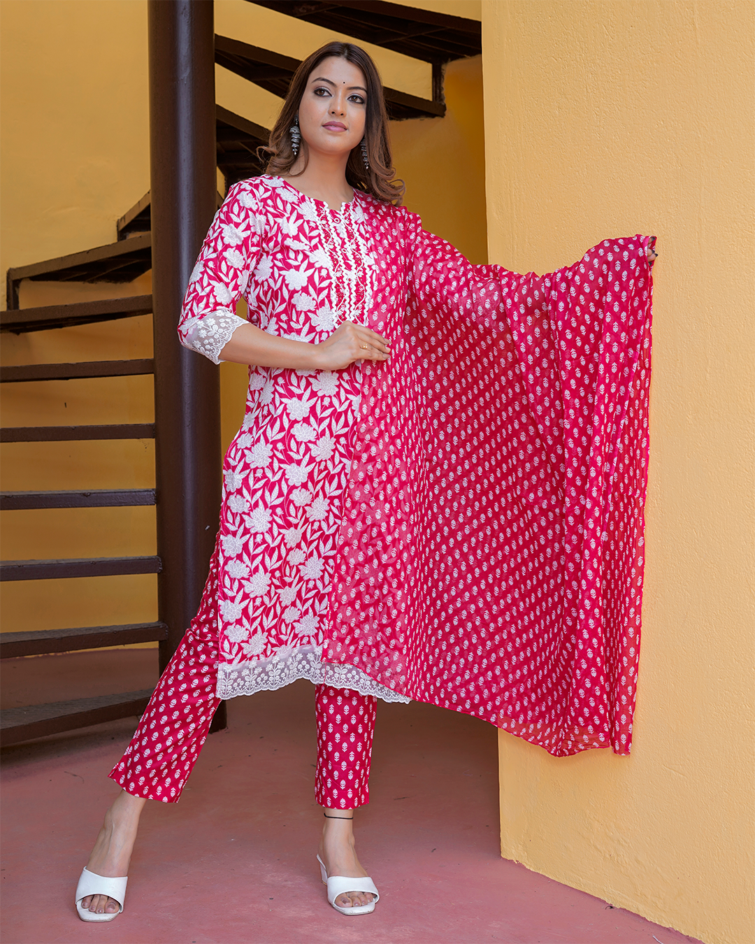 Pure Cotton Pink and White Suit with Lace