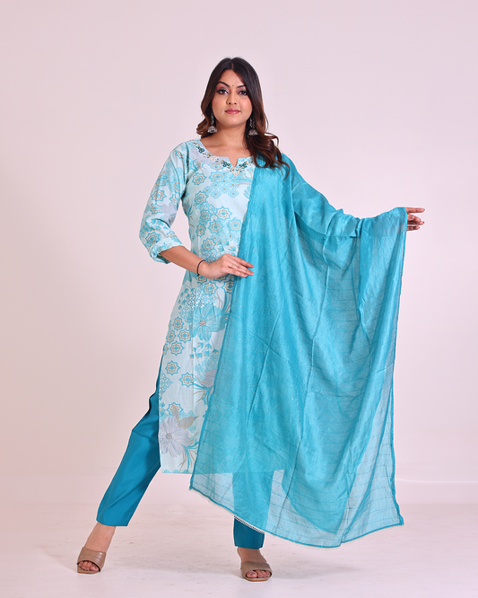 Pure Muslin Silk Sky Blue Dupatta Set with Hand Embroidery