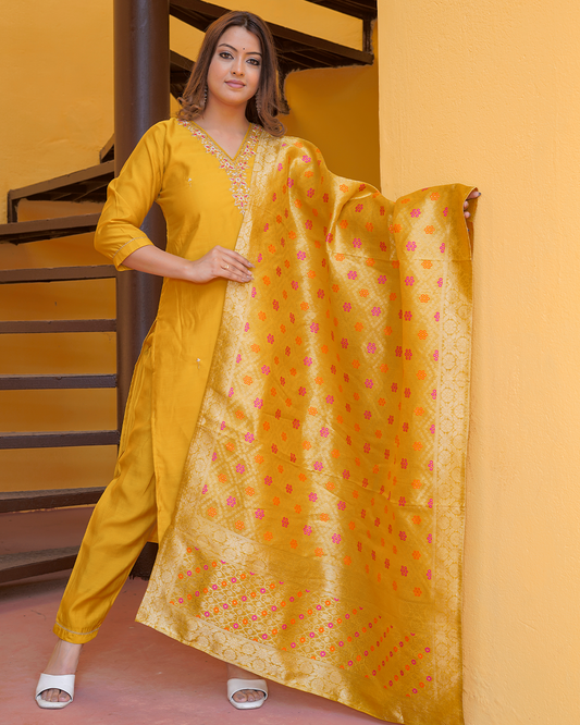 Pure Banarasi Silk Yellow Dupatta Pant Set