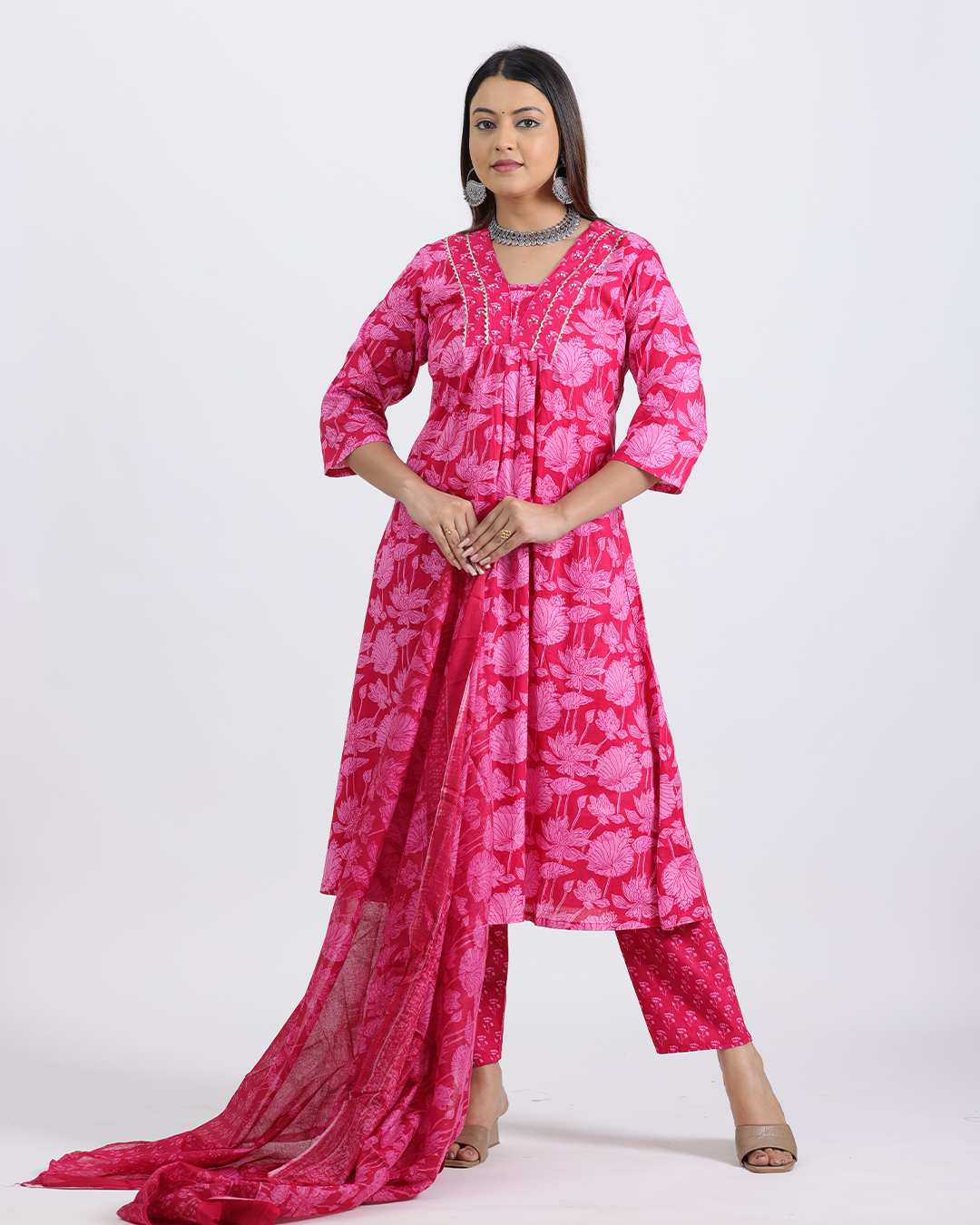 Pure Cotton Pink Suit with Digital Print Dupatta and V-Laced Neckline
