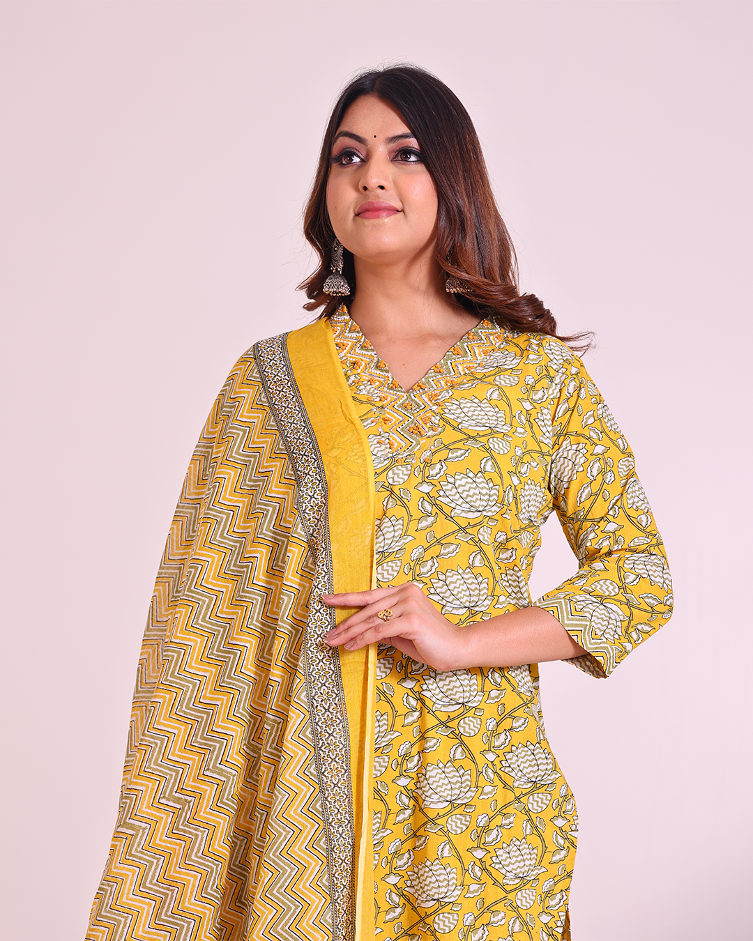 Pure Cotton Yellow V-Neck Digital Print Dupatta Set