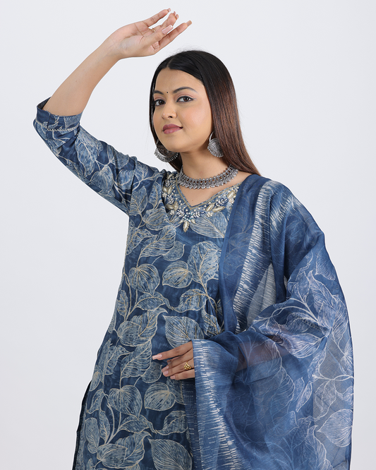 Pure Muslin Silk Royal Blue Suit with Digital Print Dupatta and Sequence Work