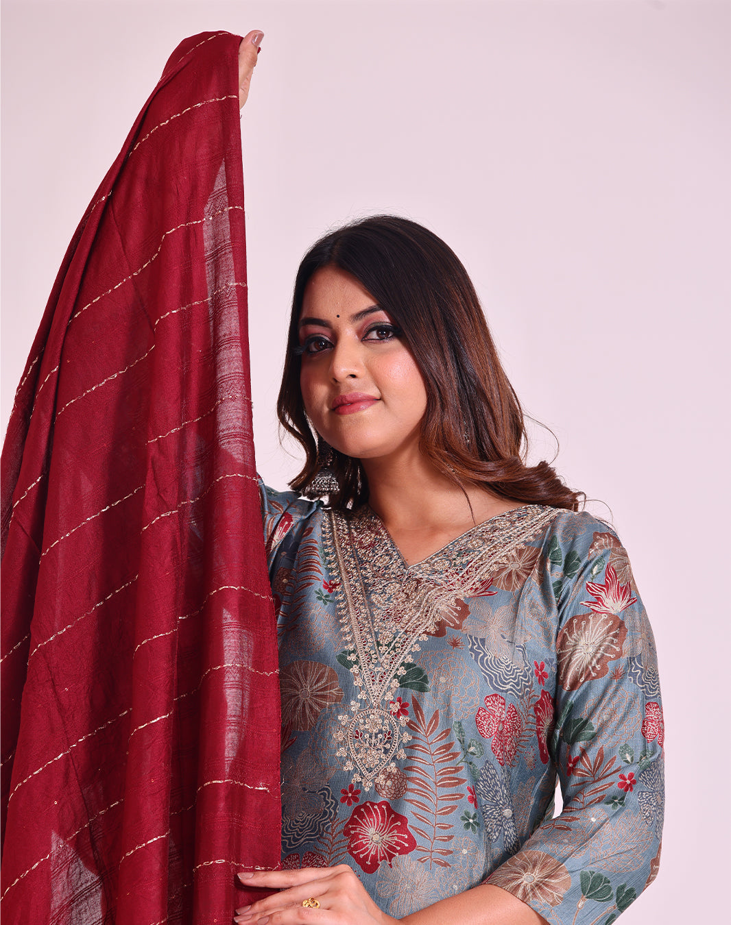 Grey and Maroon Pure Muslin Suit with Silk Dupatta and Pathni Work