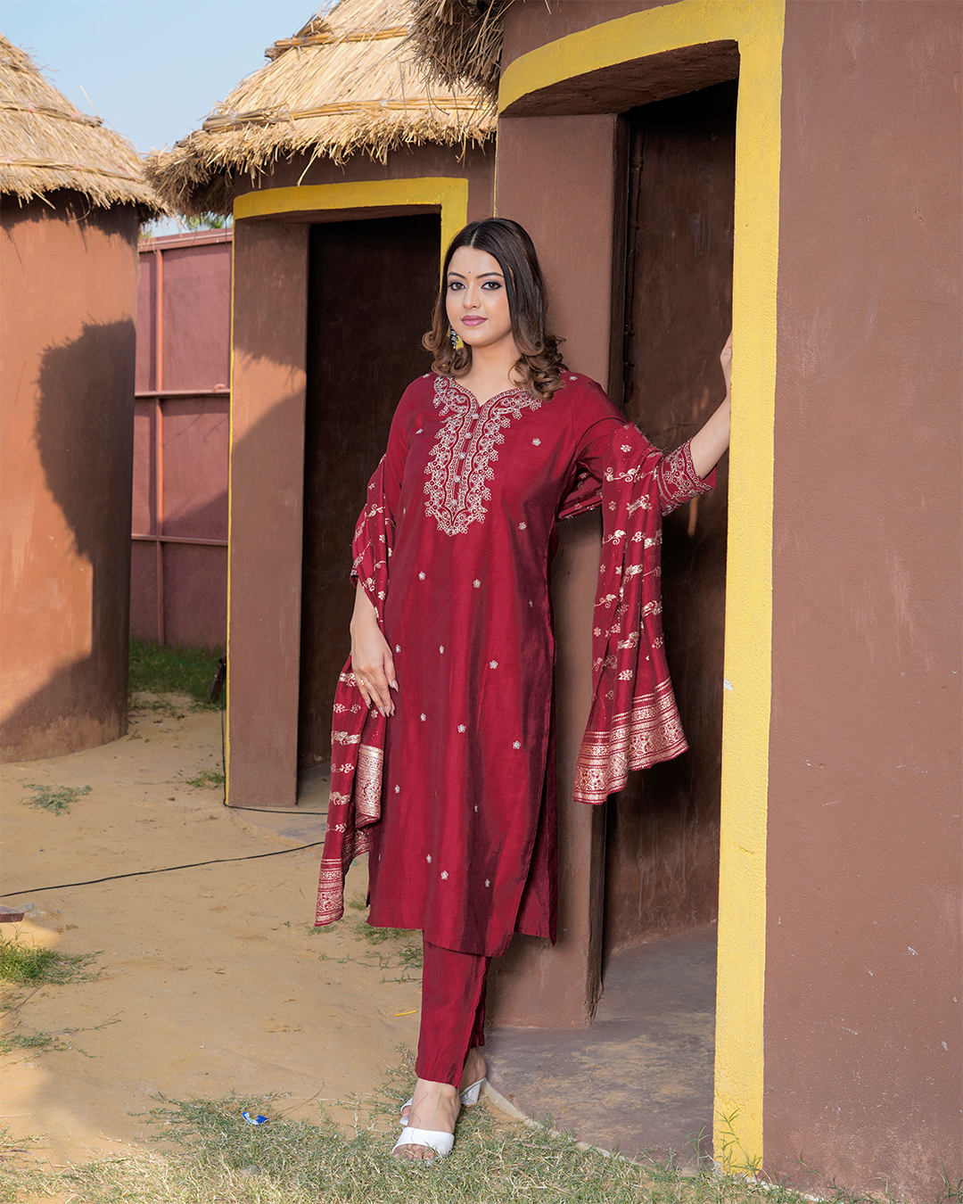 Pure Silk Maroon Suit with Chanderi Dupatta and Heavy Thread Work