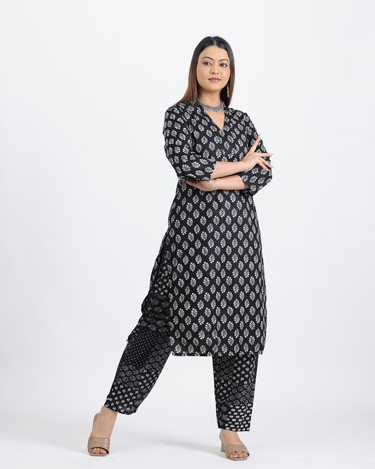 Pure Cotton Black Bagru Print Kurta Pant Set