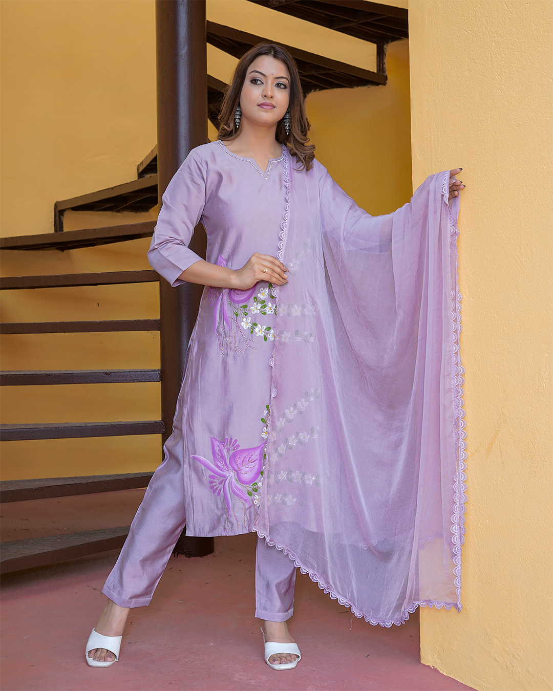 Pure Silk Lavender Dupatta Set with Watercolor Work