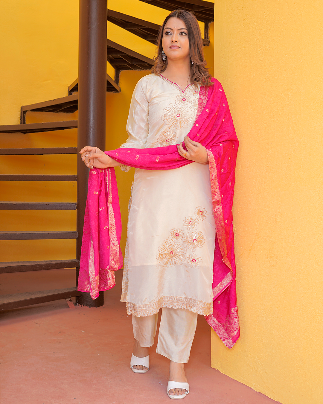 Pure Silk Off-White Suit with Pink Banarasi Dupatta and Zari Work