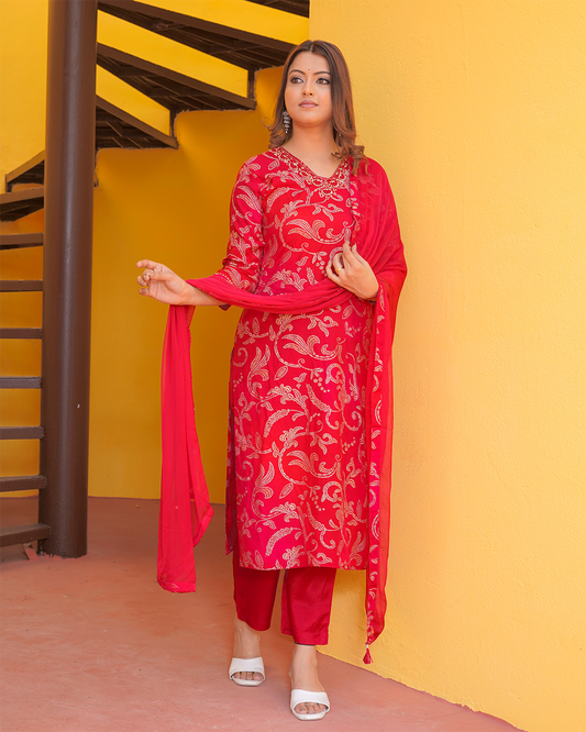 Pure Silk Red and Pink Dupatta Set with Zardozi Work
