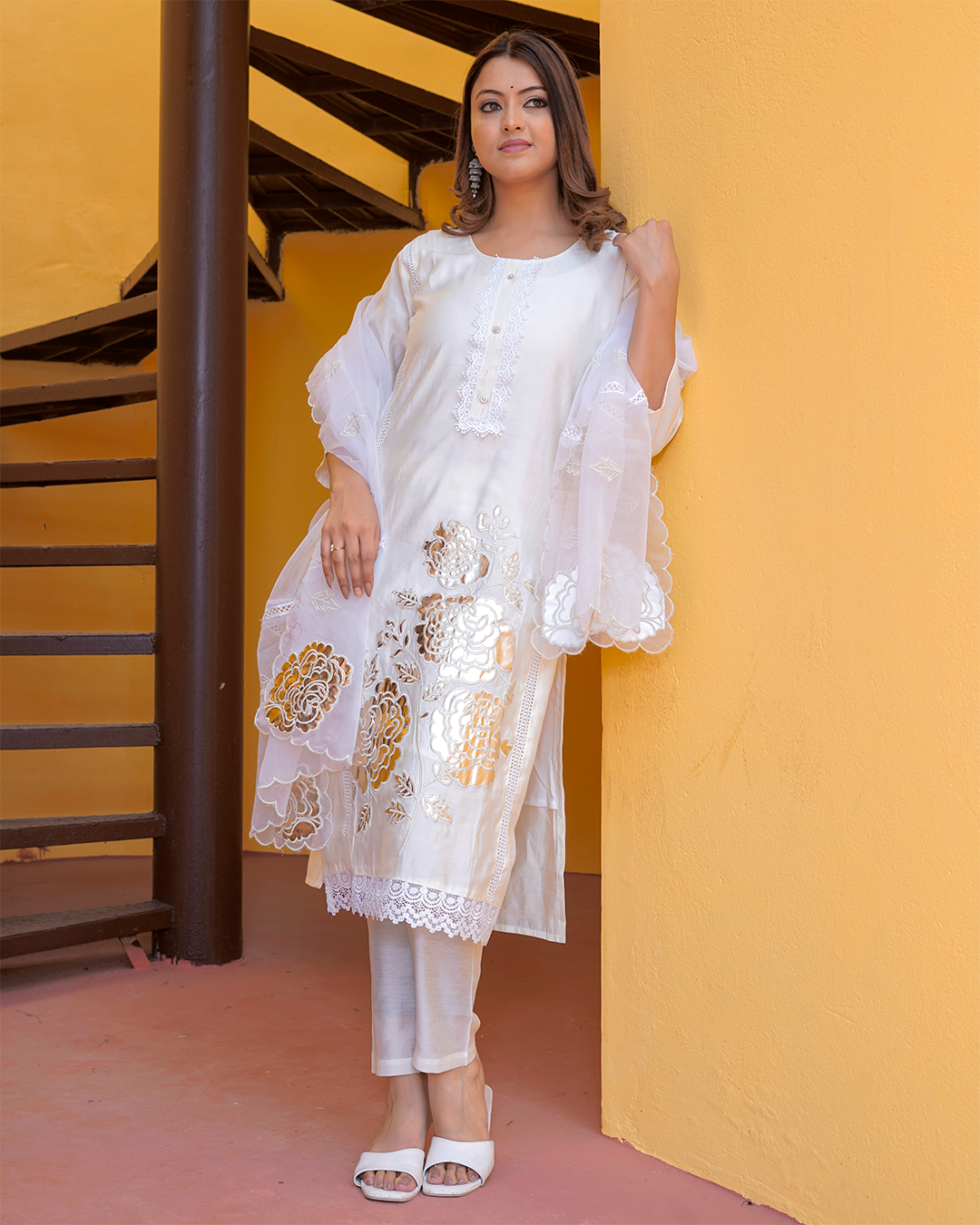 Pure Silk White Suit with Net Dupatta and Gold Leather Work